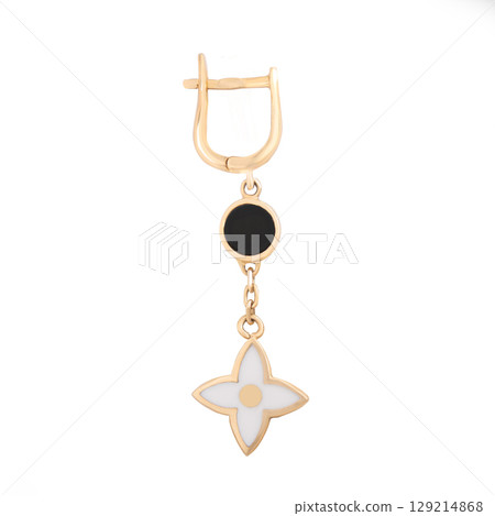 fashion gold earrings fashion stylish elegant jewelry. Golden modern earrings isolated on white background fashion gold earrings fashion stylish elegant jewelry. Golden modern earrings isolated on white background 129214868