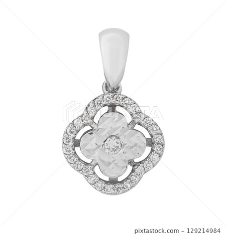 Elegant white gold necklace with diamonds on white background, jewelry 129214984