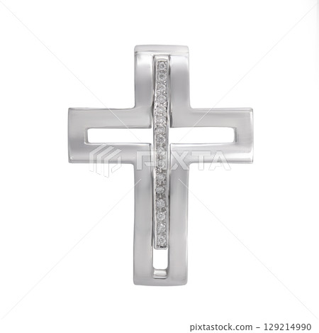 Cross diamond golden pendant necklace jewel isolated white background 129214990