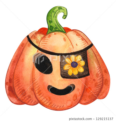 Pumpkin for Halloween, hand painted with watercolors. Illustration for the design of cards, invitations, banners for Halloween. Scary pumpkin with a face Pumpkin for Halloween, hand painted with watercolors. Illustration for the design of cards, invitations, banners for Halloween. Scary pumpkin with a face 129215137