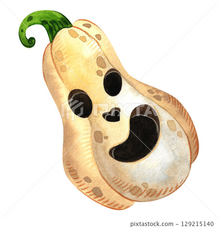 Hand painted watercolor Halloween pumpkin. Creepy smiling white squash. Illustration for Halloween cards, invitations and banners. Hand painted watercolor Halloween pumpkin. Creepy smiling white squash. Illustration for Halloween cards, invitations and banners. 129215140