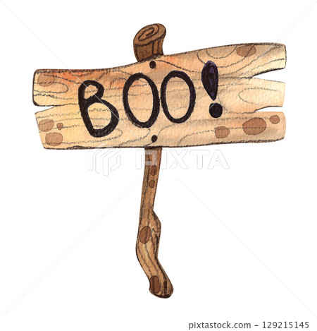 Watercolor illustration of a wooden sign with the word BOO hand drawn. Halloween themed design element hand drawn with rustic wood texture Watercolor illustration of a wooden sign with the word BOO hand drawn. Halloween themed design element hand drawn with rustic wood texture 129215145