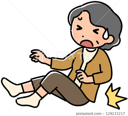 Elderly woman falling on her buttocks 129215217