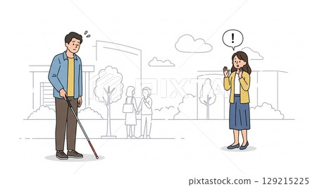 一名手持白手杖陷入困境的男子和一名註意到他的女人 129215225