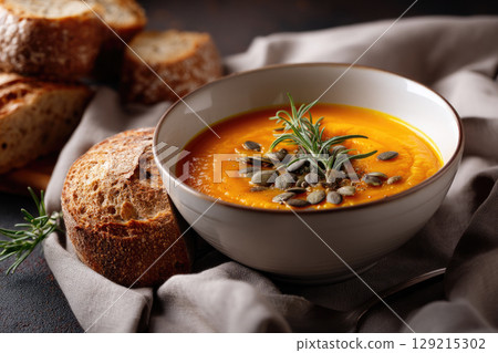 pumpkin soup in white bowl with roasted seeds and herbs, whole pumpkin and autumn vegetables in background 129215302