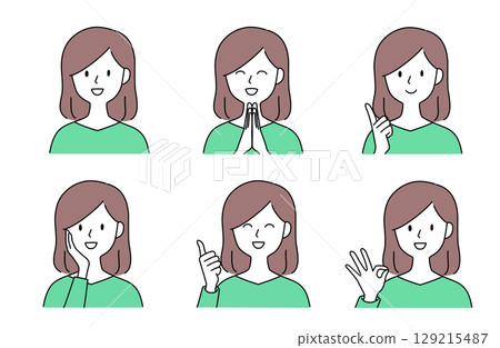 一組插圖,描繪了一位中長髮女性用各種手勢表達正面情緒 一組插圖,描繪了一位中長髮女性用各種手勢表達正面情緒 129215487