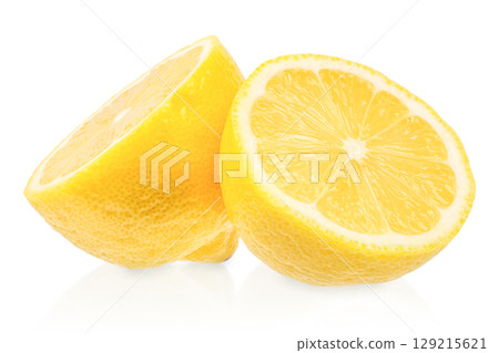 Fresh juicy lemon halves isolated on a white background 129215621