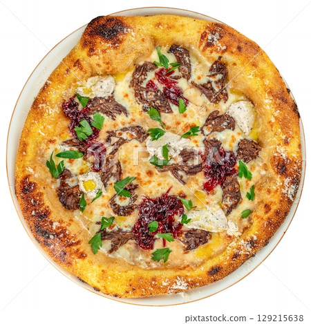 Gourmet pizza topped with shredded beef, creamy cheese, caramelized onions, and fresh parsley on a golden-brown crust isolated on white background. top view Gourmet pizza topped with shredded beef, creamy cheese, caramelized onions, and fresh parsley on a golden-brown crust isolated on white background. top view 129215638