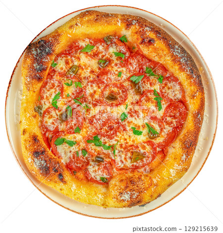 Classic pepperoni pizza with melted cheese, spicy sausage slices, and fresh parsley on a crisp golden crust isolated on white background. top view 129215639
