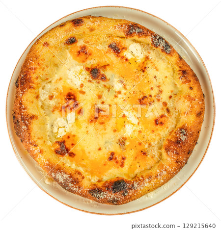 Golden four cheese pizza with bubbling melted layers of mozzarella, gorgonzola, ricotta, and parmesan on a rustic crust. isolated on white background. top view 129215640
