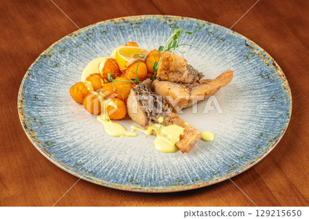 Crispy fried fish served with golden potato balls, creamy yellow sauce, microgreens, and a wedge of lemon on a rustic plate 129215650