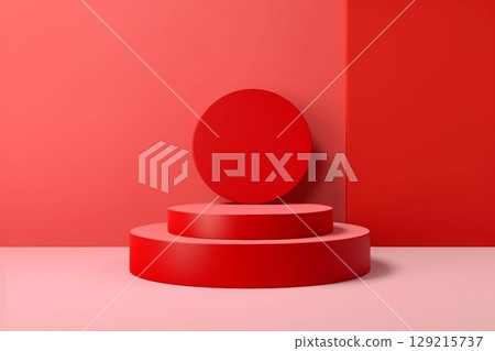 3D red cylindrical podiums. Pedestal stairs. Perfect for product displays, showrooms, and festive presentations. Generated AI 129215737