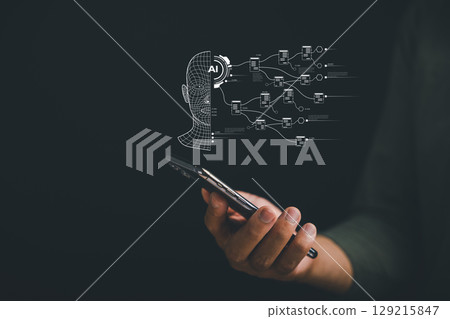AI powers data technology, future tech, and business intellig displayed on phone held in hand, connecting data through ai, a digital wireframe design for next-gen applications 129215847