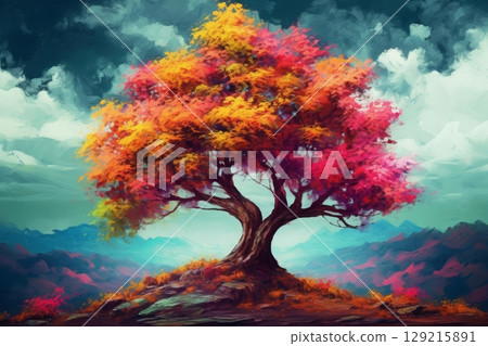 Oil painting landscape - colorful autumn tree -Modern impressionism. Generated AI 129215891