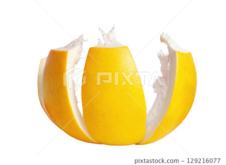 Pomelo sliced skin isolated on white background. Orange peel to throw in trash Pomelo sliced skin isolated on white background. Orange peel to throw in trash 129216077