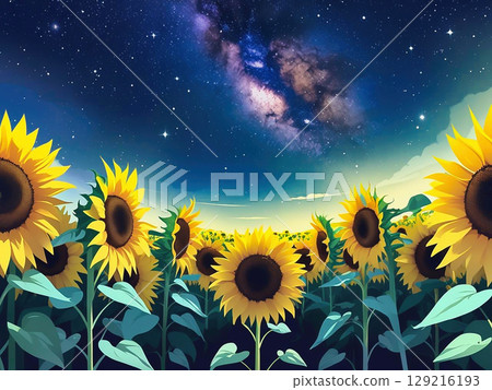 A fantastic landscape illustration of sunflowers in full bloom and the Milky Way 129216193