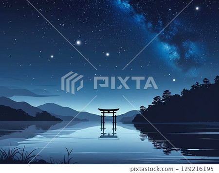 Illustration of a floating torii gate on a lake and a starry sky 129216195