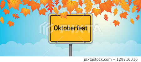 oktoberfest sign on blue sky background with autumn leaves vector illustration 129216316