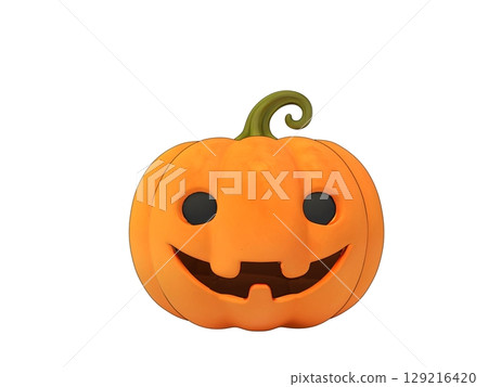 White background and a large orange Halloween smiling pumpkin 129216420
