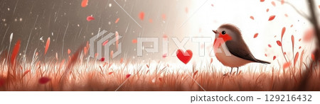 Charming Little Bird Surrounded by Petals and Hearts in a Vibrant Nature Scene 129216432
