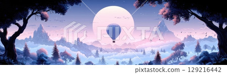 Serene Hot Air Balloon Floating Above Dreamy Landscape Under Moonlight Sky 129216442