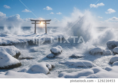 大洗磯前神社白雪皚皚的鳥居與神聖的岩石 大洗磯前神社白雪皚皚的鳥居與神聖的岩石 129216453