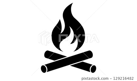 Fire, flame, bonfire. Flame fire icon, abstract style on white background. Flat burn fire symbol, bonfire sign, flame campfire emoji. Camping fireball minimal graphic style. Vector Illustration 129216482