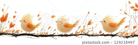 Cute Cartoon Birds with Orange Accents on Branches Surrounded by Autumn Leaves in Pastel Style 129216497