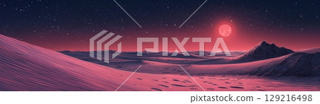 Stunning Cosmic Landscape with Pink Tones and Bright Starry Sky Over Alien Terrain 129216498