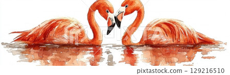 Pair of Orange Flamingos Reflecting in Calm Water in Artistic Style for Nature Lovers 129216510