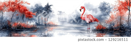 Serene Landscape with a Graceful Flamingo Among Vibrant Trees and Calm Water Reflection 129216511