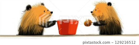 Two Adorable Cartoon Bears Playfully Sharing Honey in a Red Bucket 129216512