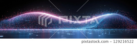 Vibrant Abstract Waves of Light with Blue and Pink Particles in Dark Background 129216522