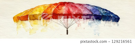 Colorful Watercolor Parachute Illustration with Bright Shades of Red, Yellow, and Blue Tones 129216561