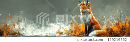 Elegant Fox Sitting by Tranquil Water with Floral Wreath in Serene Natural Setting 129216562