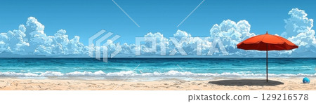 Serene Beach Scene with Red Umbrella and Vibrant Blue Ocean Under Bright Sky 129216578