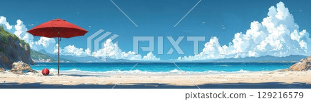 Serene Beach Scene with Red Umbrella and Vibrant Blue Sky under Fluffy White Clouds Serene Beach Scene with Red Umbrella and Vibrant Blue Sky under Fluffy White Clouds 129216579