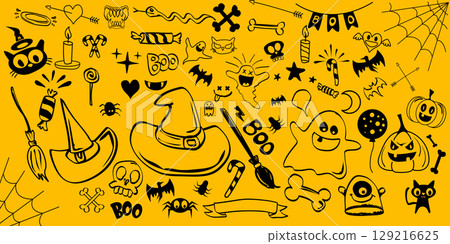 Hand drawn black Halloween doddles set isolated on orange background. Doodle halloween pattern seamless banner and poster design. Big halloween design elements set Hand drawn black Halloween doddles set isolated on orange background. Doodle halloween pattern seamless banner and poster design. Big halloween design elements set 129216625