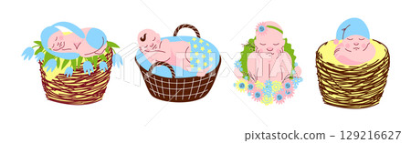 Cute Sleeping Newborn Baby Cuddle and Curled Vector Set 129216627