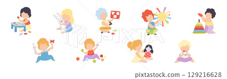 Baby Boy and Girl Playing Toys in Nursery Vector Set Baby Boy and Girl Playing Toys in Nursery Vector Set 129216628