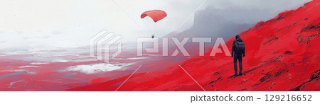 Paraglider Soars Above Vibrant Red Terrain and Scenic Landscape in Experimental Art Style 129216652