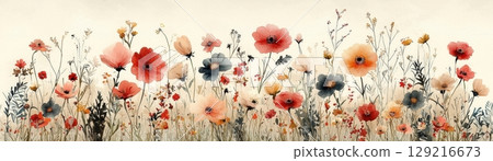 Vibrant Floral Landscape with Colorful Blossoms and Greenery on Soft Background 129216673