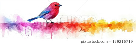 Vibrant Pink and Blue Bird Perched on a Colorful Watercolor Background in Artistic Style 129216719