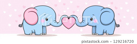 Cute Cartoon Elephants Sharing a Heart on a Soft Pink Background With Heart Shapes Floating Around 129216720