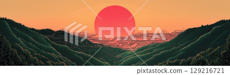 Digital Landscape with Vibrant Sunset and Abstract Hills Representing Technology Integration 129216721