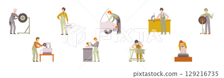 Car Service Man Worker Character Repair and Fix Engine Vector Set Car Service Man Worker Character Repair and Fix Engine Vector Set 129216735