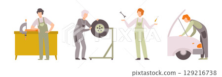Car Service Man Worker Character Repair and Fix Engine Vector Set 129216738