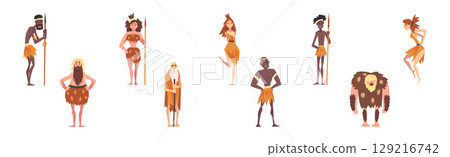 Primitive People Character from Stone Age and African Aboriginal Vector Set 129216742
