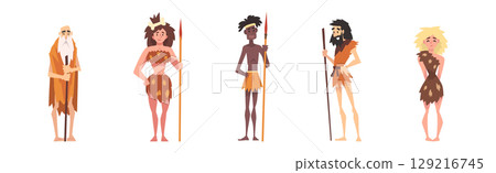 Primitive People Character from Stone Age and African Aboriginal Vector Set 129216745