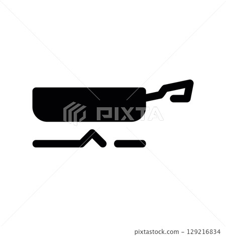 Frying Pan on a Gas Stove Burner, a Black Glyph Cooking Icon Frying Pan on a Gas Stove Burner, a Black Glyph Cooking Icon 129216834